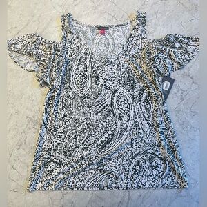 Vince Camuto Black and White Paisley Cold Shoulder Blouse